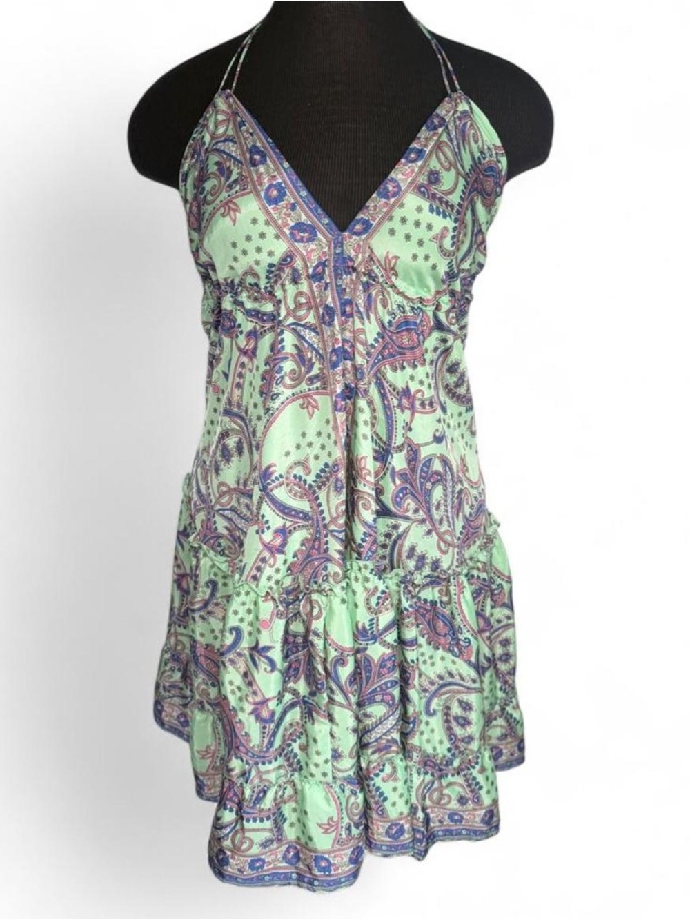 Swarna Greece 100% Silk Paisley Halter Mini Dress Free Size Boho Festival